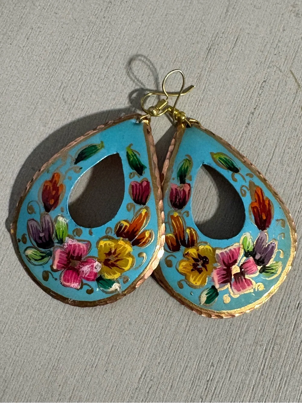 Hand Painted Floral Teardrop Earrings – Artisan Boho Statement - Picture 2 of 2